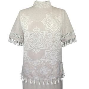 Everleigh Lace Print Tassel Fringe Hem Short Sleeve Blouse Small